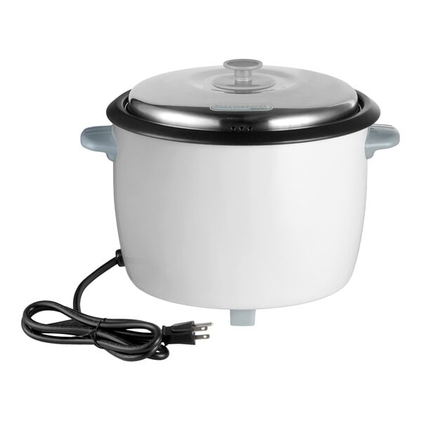 A white electric rice cooker and warmer with a glass lid and attached power cord.