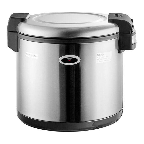 A stainless steel Main Street Equipment rice warmer with a lid.