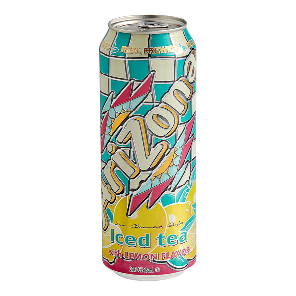A close up of an AriZona Lemon Iced Tea can with a colorful design.