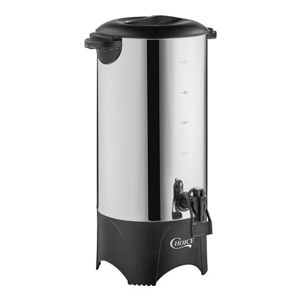 A stainless steel coffee urn with a black base and spigot, designed to hold up to 46 cups.