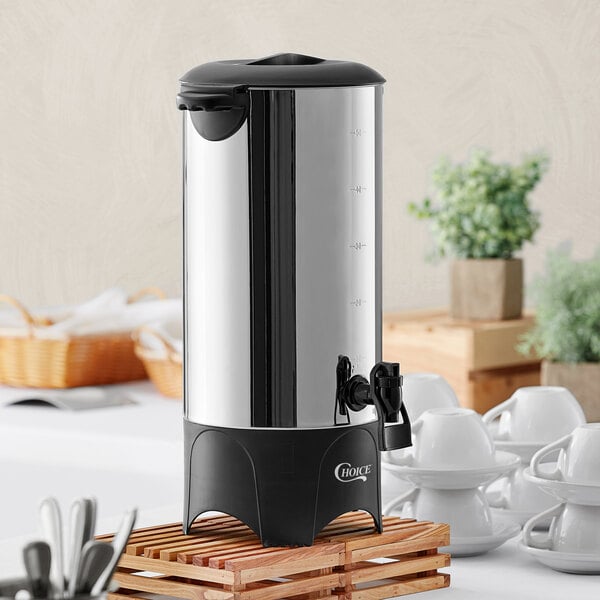 A stainless steel single wall coffee urn with a black base and spigot, designed to hold up to 46 cups.