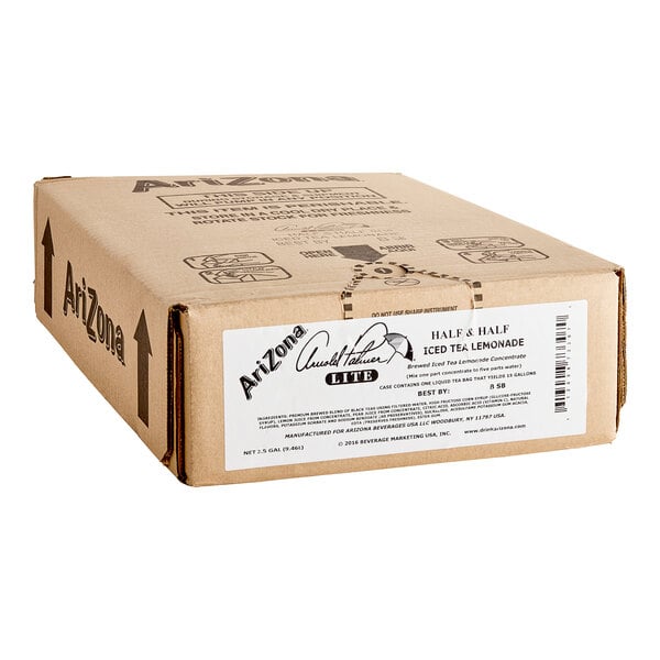 A box of AriZona Arnold Palmer Lite Half and Half Iced Tea Lemonade with a label.