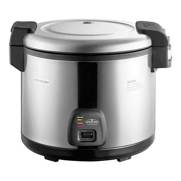 A Main Street Equipment stainless steel rice cooker with a lid.