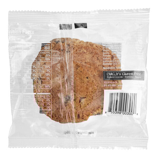 An individually wrapped OMG...It's Gluten Free chocolate chip cookie in a plastic bag.
