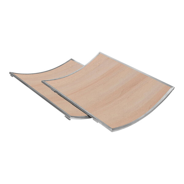 A close-up of Eastern Tabletop bleached wood laminate side panel with a stainless steel edge.