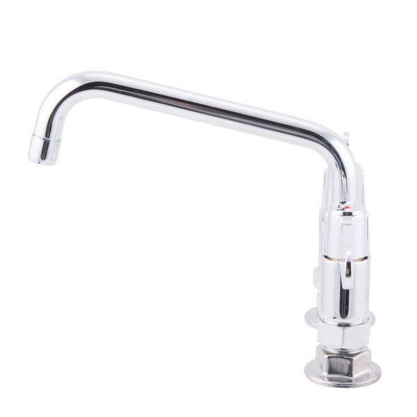 A chrome Equip by T&S deck-mounted faucet with wrist handles and a swing spout.