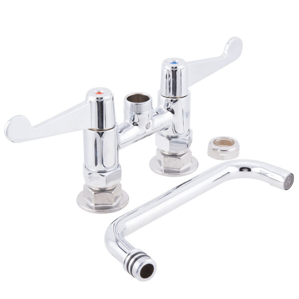 A chrome Equip by T&S deck-mounted faucet with 8 1/8" swing spout and wrist handles.