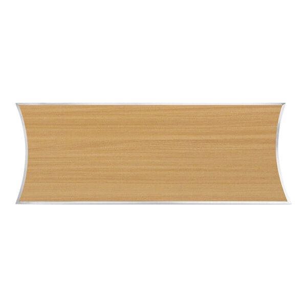 A rectangular wood panel with a curved edge and stainless steel trim.