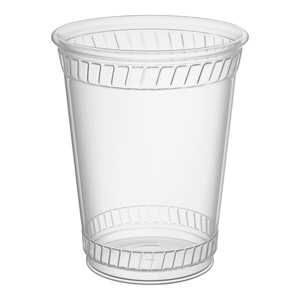 A clear 7 oz. compostable plastic cold cup with decorative ridges near the rim and base.