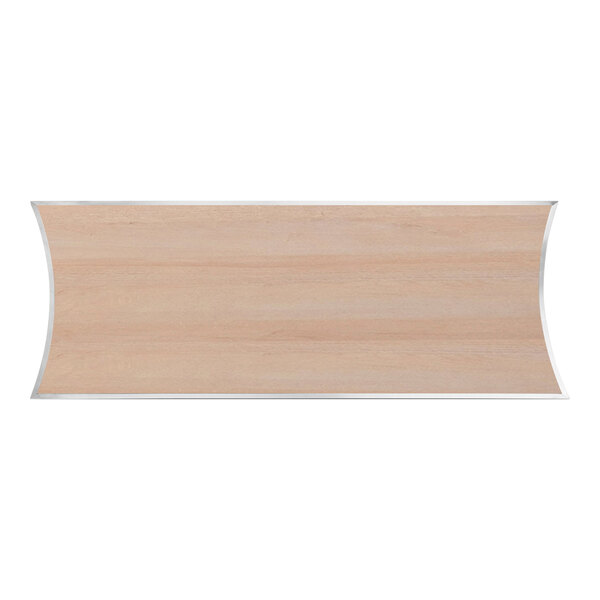 The front panel of an Eastern Tabletop curved wood laminate bar with stainless steel edges.