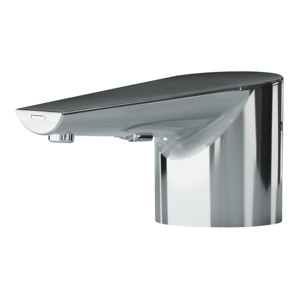 A T&S WaveCrest polished chrome deck mount electronic foam soap dispenser with a curved design.