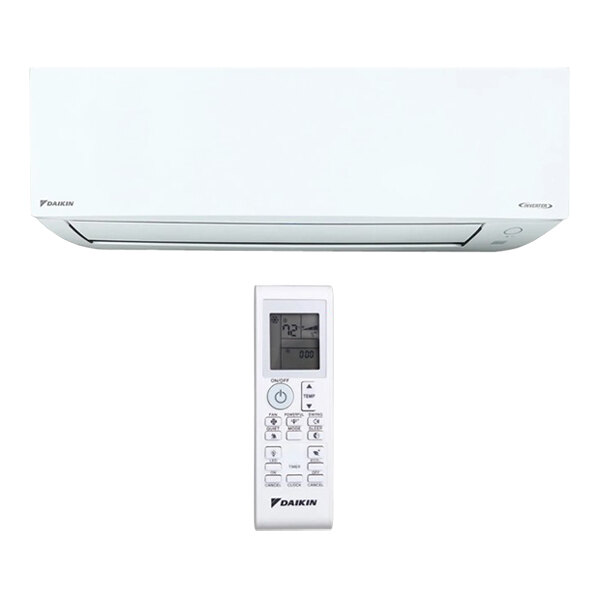 The indoor Daikin Entra air handler for a heat pump with a remote control.