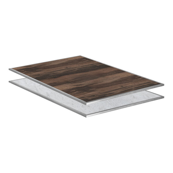 An Eastern Tabletop marble laminate drop-in tile with a wood grained surface and white aluminum edge.