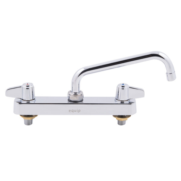 A close-up of a chrome Equip by T&S deck-mounted faucet with two lever handles.