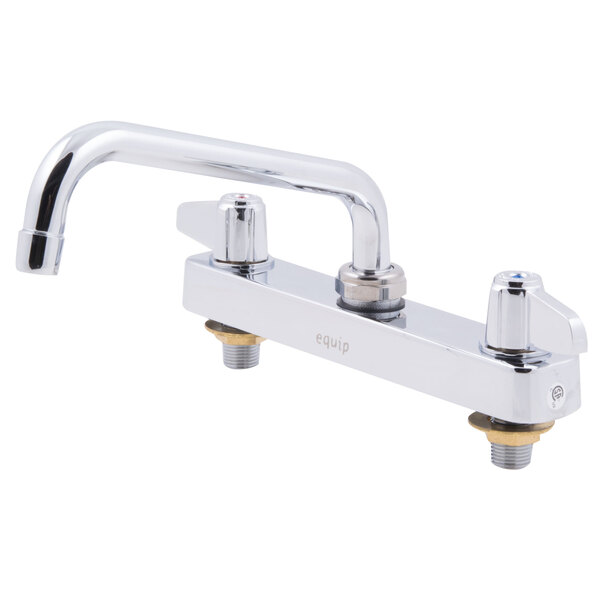 A silver Equip by T&S deck-mounted faucet with lever handles.