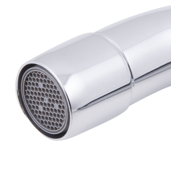 A close-up of an Equip by T&S deck-mounted faucet with lever handles and an 8 1/2" swing spout.