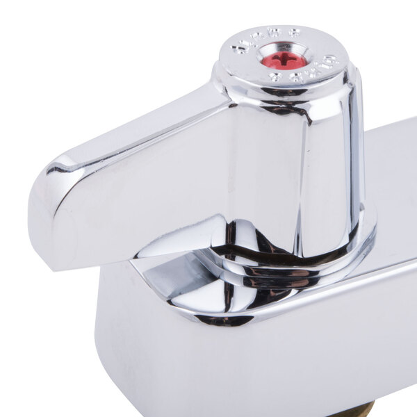 A chrome Equip by T&S deck mounted faucet with lever handles and a red button on the end of the spout.