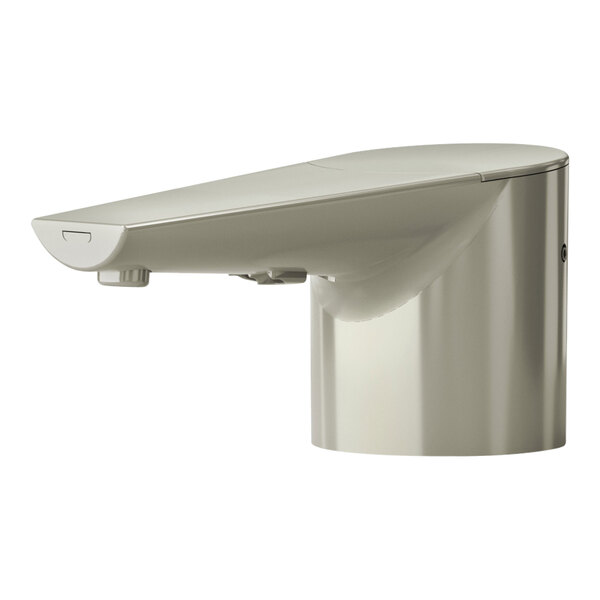 A T&S WaveCrest deck mount electronic foam soap dispenser in a brushed nickel finish.