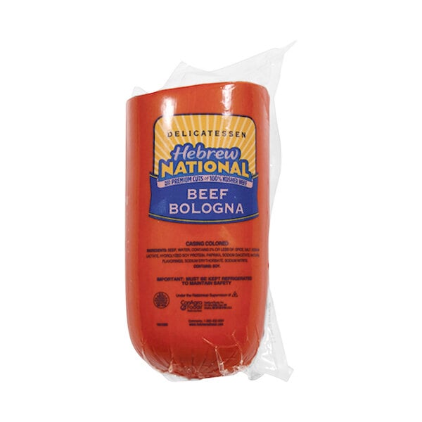 A package of Hebrew National beef bologna in plastic wrap.