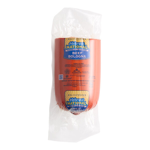 A package of Hebrew National Beef Bologna in plastic wrap.