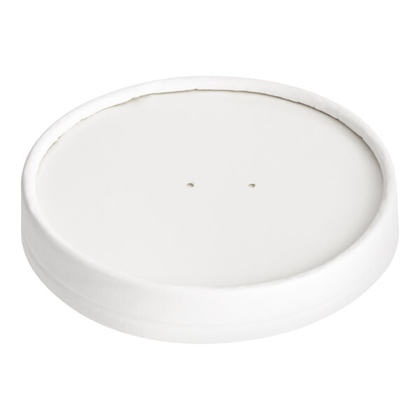 A white Innopak poly-coated paper food cup with a white vented lid.