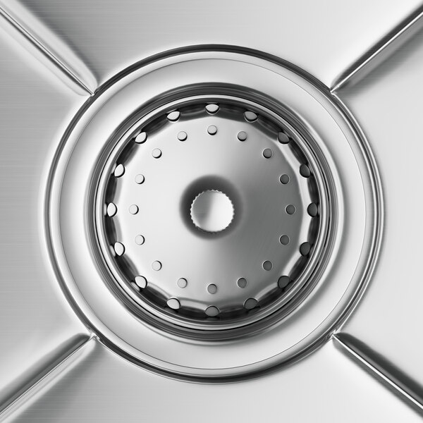 A close-up of a Steelton stainless steel hand sink rim.