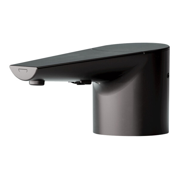 A T&S matte black deck mount electronic liquid soap dispenser on a black counter.
