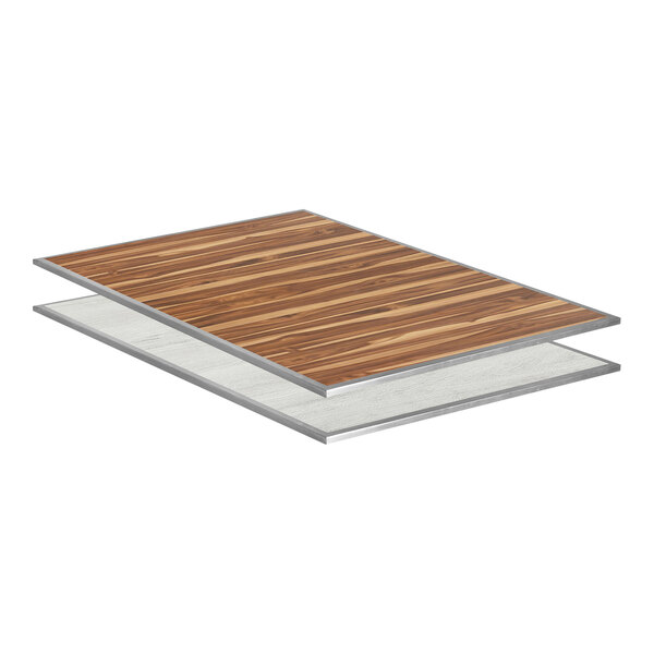 An Eastern Tabletop wood grained laminate tile with aluminum edge and a silver frame with a wood grained surface and white wash shading.