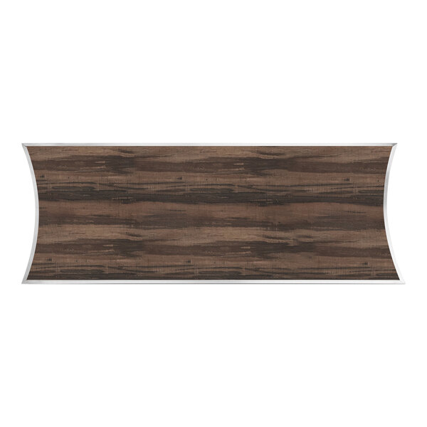 A curved wood Eastern Tabletop panel with a dark shaded finish and stainless steel edge.