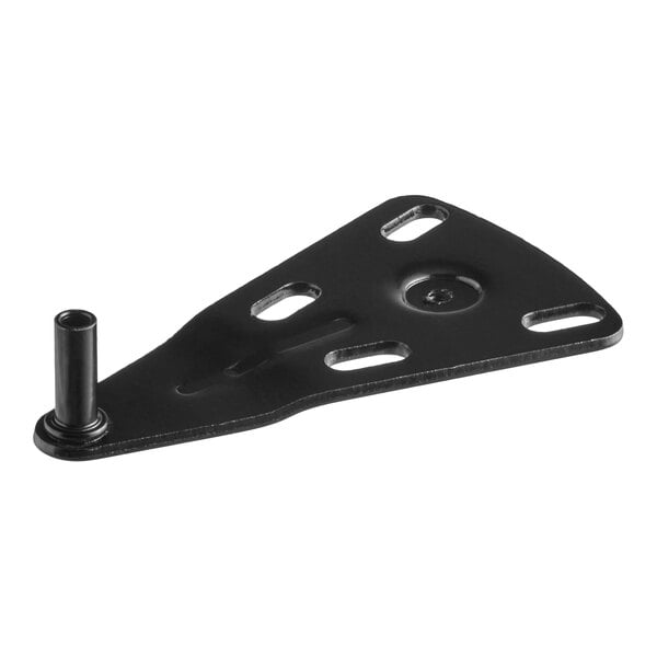 A black metal top hinge bracket with multiple elongated mounting holes and a cylindrical pin.