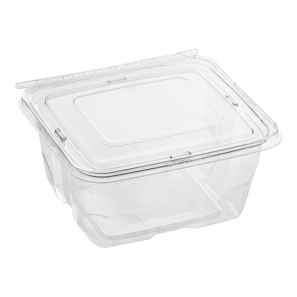 A case of 128 Inline Plastics clear rectangular hinged containers with flat lids.