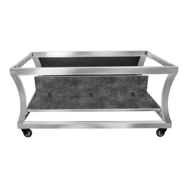 A metal Eastern Tabletop foldaway table frame with wheels on it.