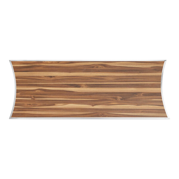 A wood panel with a curved edge and stainless steel stripe.