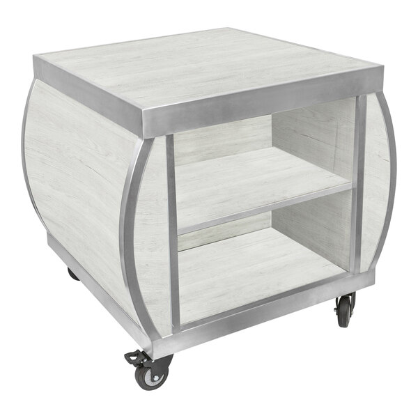 An Eastern Tabletop white wash laminate and stainless steel serving cart with wheels.