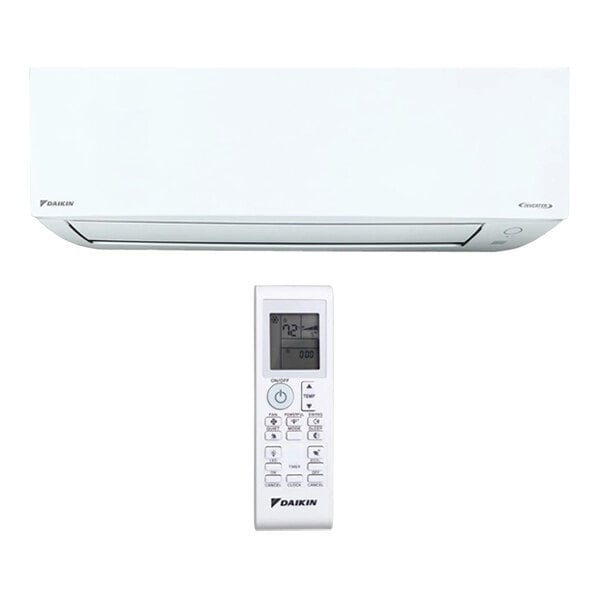 The white Daikin Entra air handler for a central air system with a remote control.