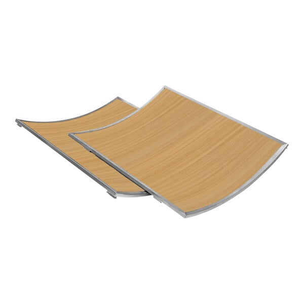 Two Eastern Tabletop bamboo laminate side panels with stainless steel edges.