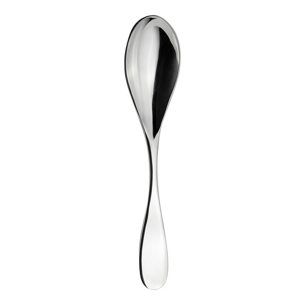 A close-up of the shiny silver stem of a WNK Ovation stainless steel tablespoon.
