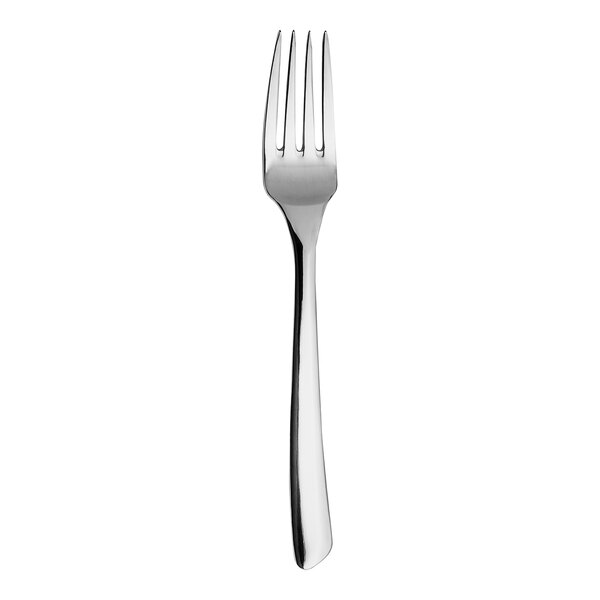 A close-up of a WNK Tuscany stainless steel fork with a white handle.
