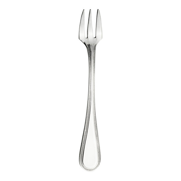 A close up of a WNK Pearl stainless steel oyster fork with a silver handle.