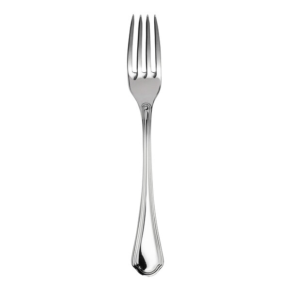 A silver fork with a black and silver top on a white background.
