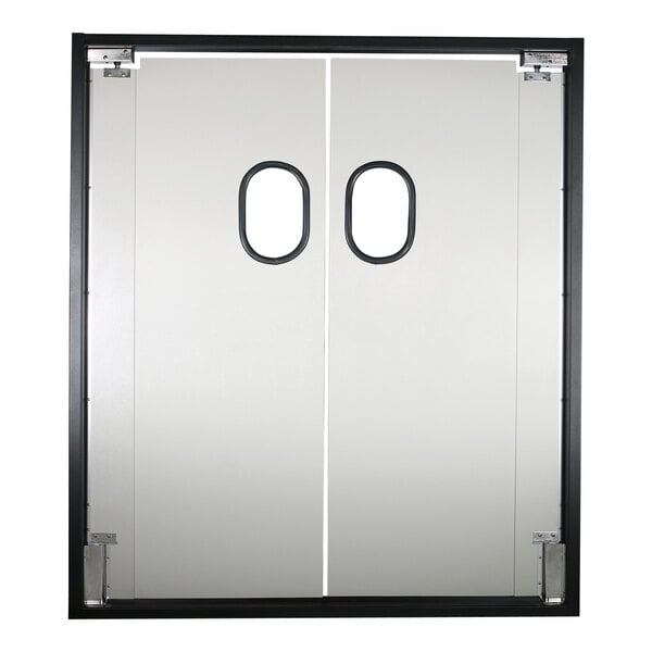 An Aleco Fieldstone Gray double traffic door with oval windows.