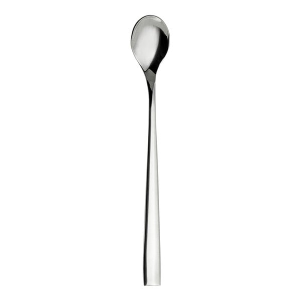 A silver iced tea spoon with a long handle.