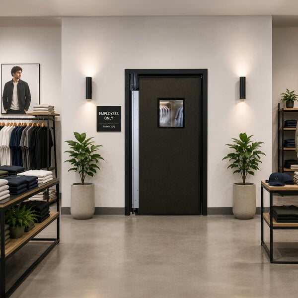 A black rigid single swinging traffic door with a window, installed in a retail store setting.