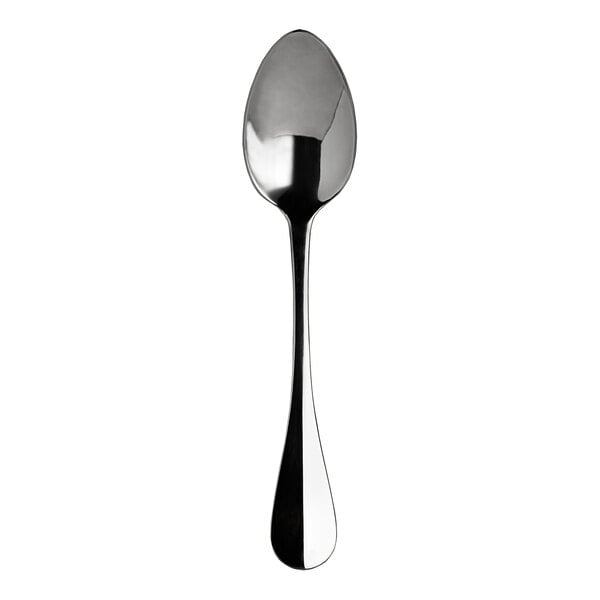 A close-up of a stainless steel WNK serving spoon with a black handle.