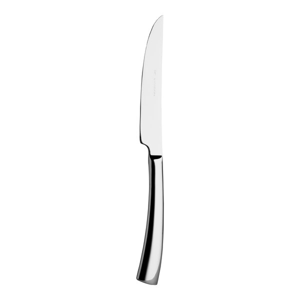 A close-up of a WNK Zen stainless steel steak knife with a silver handle.