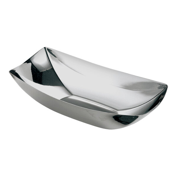 A rectangular stainless steel bowl with a mirror finish.