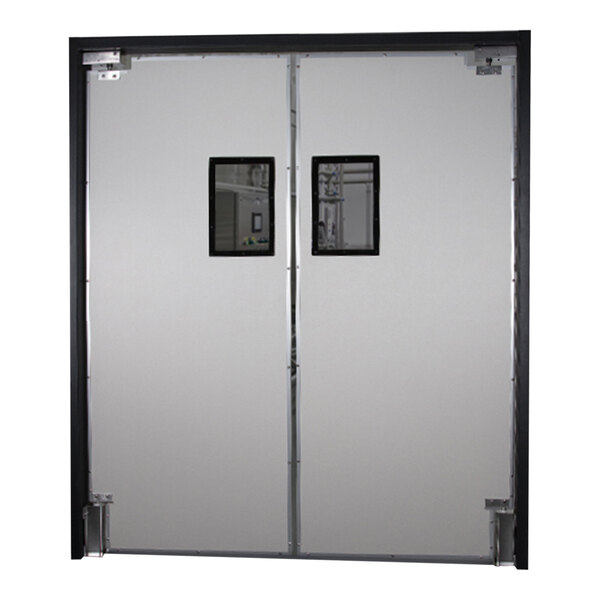 A white Aleco single swinging traffic door with black rectangular windows.
