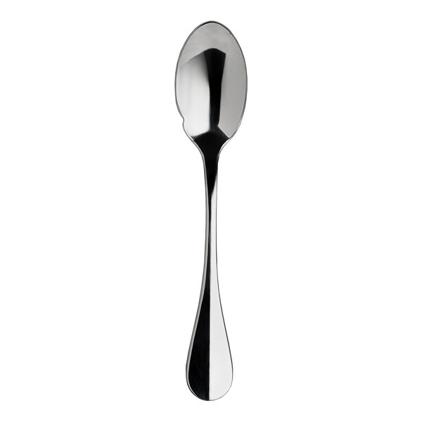 A close-up of a WNK Baguette stainless steel sauce spoon with a silver handle and a silver spoon.