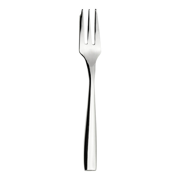A close up of a silver WNK Zen cocktail fork with a white handle.