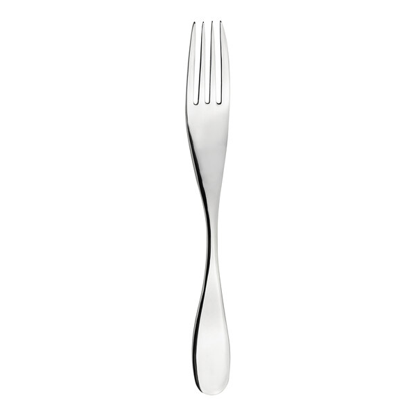 A close up of a silver WNK Ovation dessert fork with a white handle.